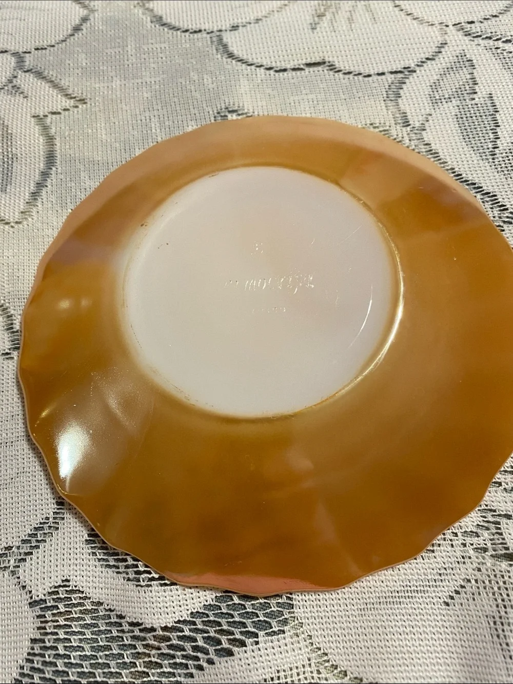 Apricot Iridescent Glass Teacup with White Milk Glass Base